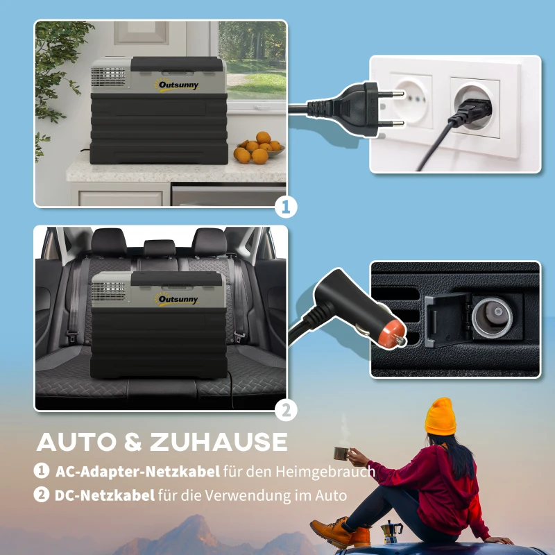 Outsunny Autokoelkast, Koelbox, mobiel, 56L -20℃ tot 20℃, 69x43x54cm, Zwart/Grijs