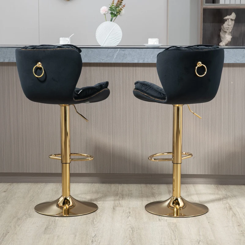 Set aus 2 drehbaren Barhockern mit Lehne, höhenverstellbar, mit Bezug in Samtoptik, mit Fußstütze für Küche und Esszimmer, Schwarz