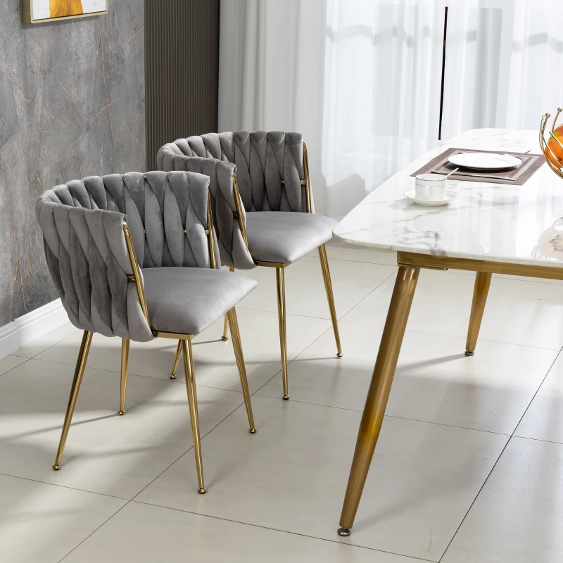 Set aus 2 Esszimmerstühlen mit Bezug in Samtoptik mit vergoldeten Metallbeinen, Grau