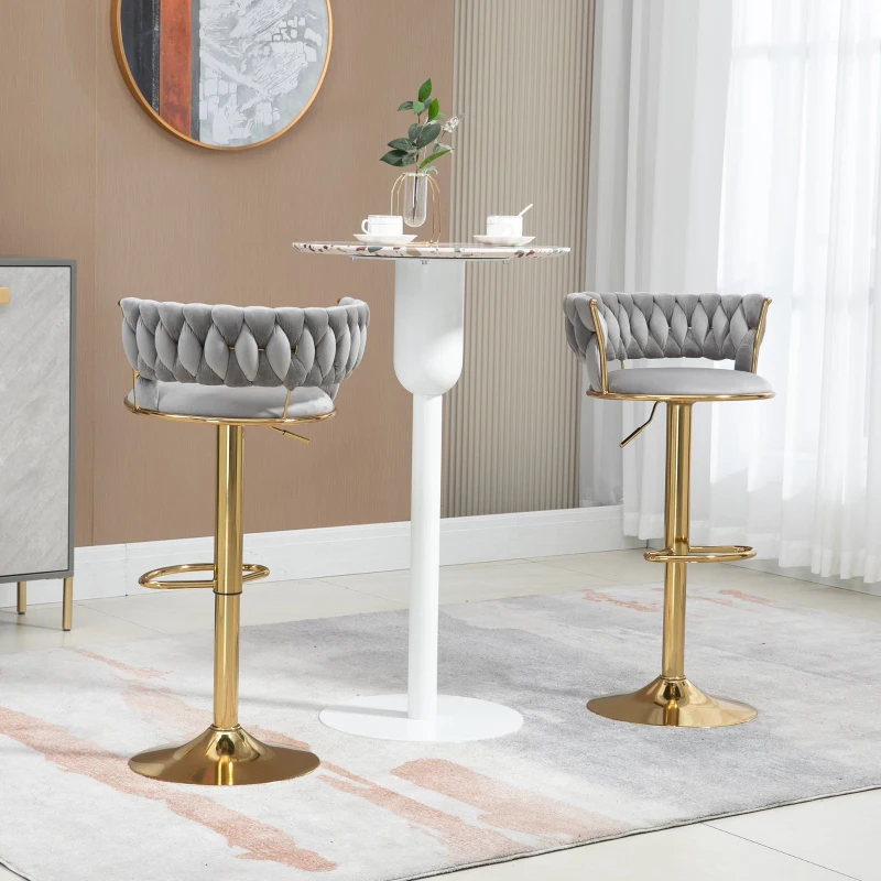 Set aus 2 höhenverstellbaren Barhockern mit Lehne und 360°-Drehung, Bezug in Samtoptik, Grau