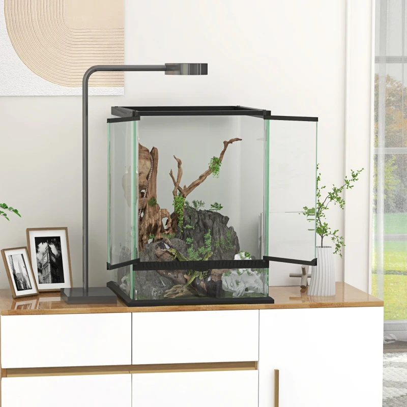 PawHut Afsluitbaar Terrarium, Glazen Behuizing, Kabelbeheer, 45x45x60cm, Zwart