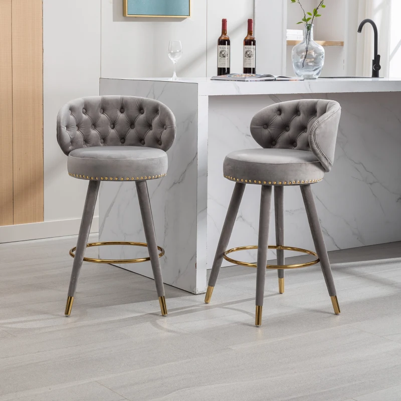 Set aus 2 höhenverstellbaren Barhockern mit Lehne und 360°-Drehung, Holzfüßen und Bezug in Samtoptik für Zuhause, Küche und Restaurants, Grau