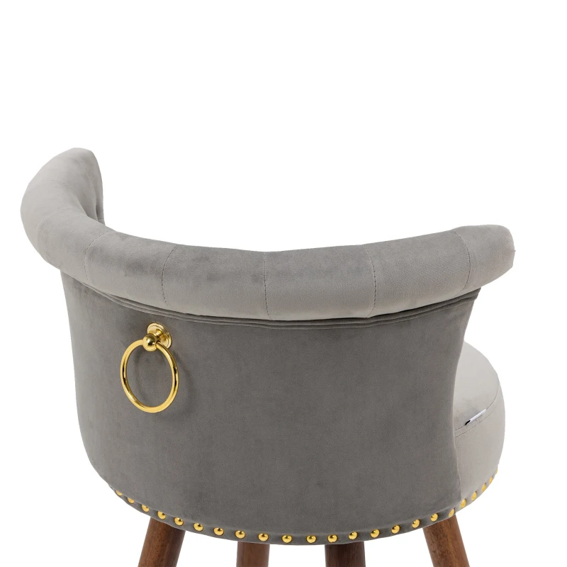 Set aus 2 höhenverstellbaren Barhockern mit Lehne mit Bezug in Samtoptik und Nieten, Holzbeinen für Küche und Esszimmer, weicher Sitz, Grau