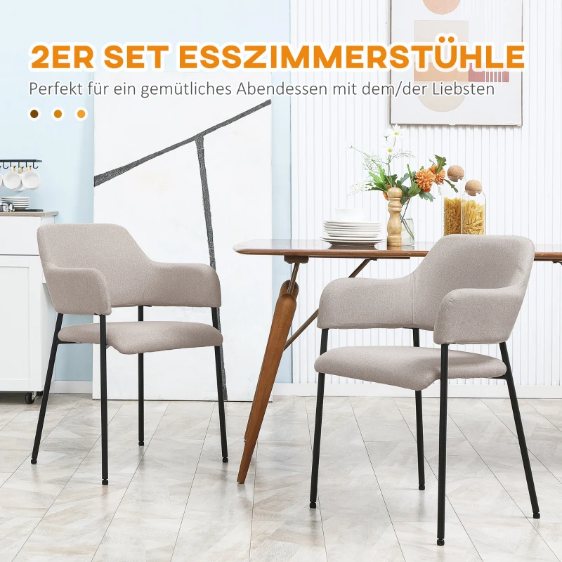 HOMCOM Eetkamerstoelen, Set van 2, Comfortabel, in Linnenlook, Metalen Frame, tot 120 kg, Beige