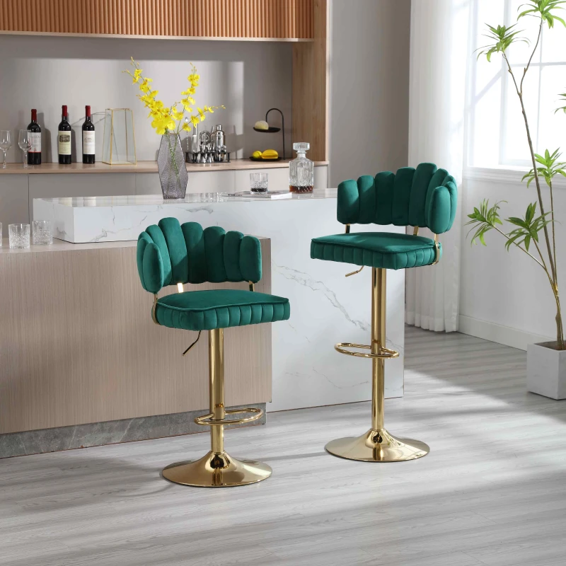 Set aus 2 drehbaren und höhenverstellbaren Barhockern mit Lehne und Fußstütze, Smaragd
