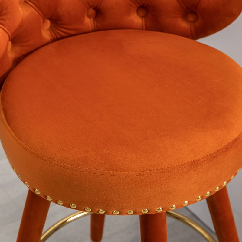 Set aus 2 höhenverstellbaren Barhockern mit Lehne und 360°-Drehung, Holzfüßen für Zuhause, Küche und Restaurants, Orange