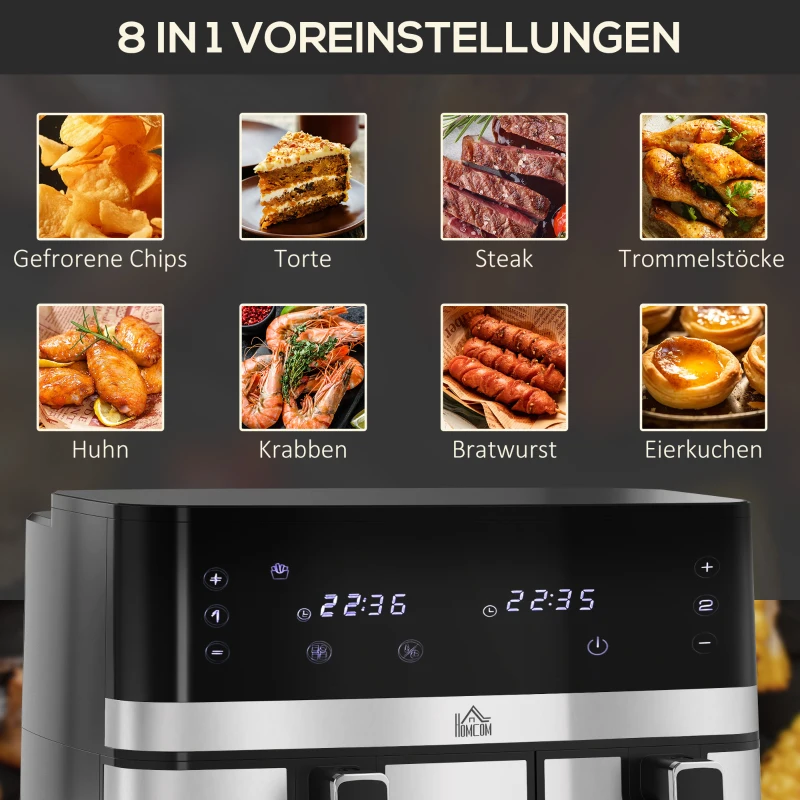 HOMCOM Heißluftfriteuse Friteuse, 2700 W, 8 Einstellungen, 41,8 cm x 39,2 cm x 31,1 cm, Schwarz + Silber(m-9)