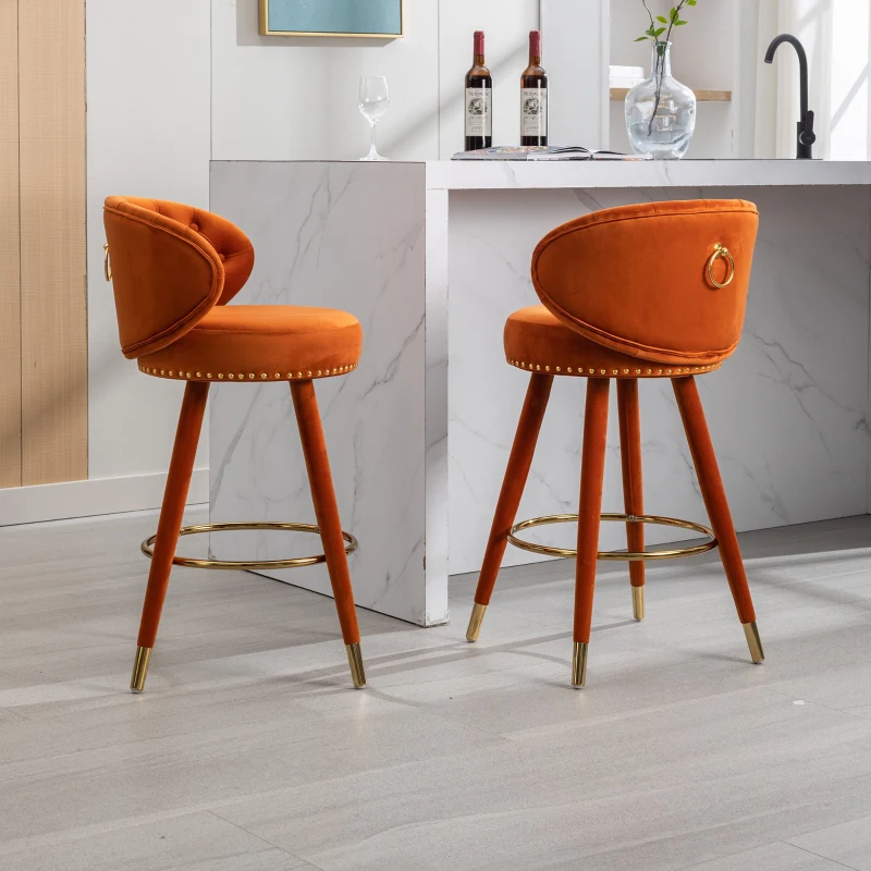 Set aus 2 höhenverstellbaren Barhockern mit Lehne und 360°-Drehung, Holzfüßen für Zuhause, Küche und Restaurants, Orange