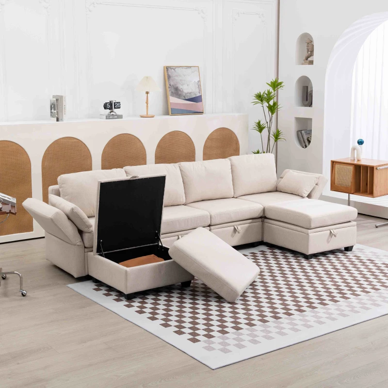 U-förmiges modulares Sofa mit Stauraum, durch zufälliges Verbinden als Doppelbettsofa nutzbar, extra breit für das Wohnzimmer, Beige