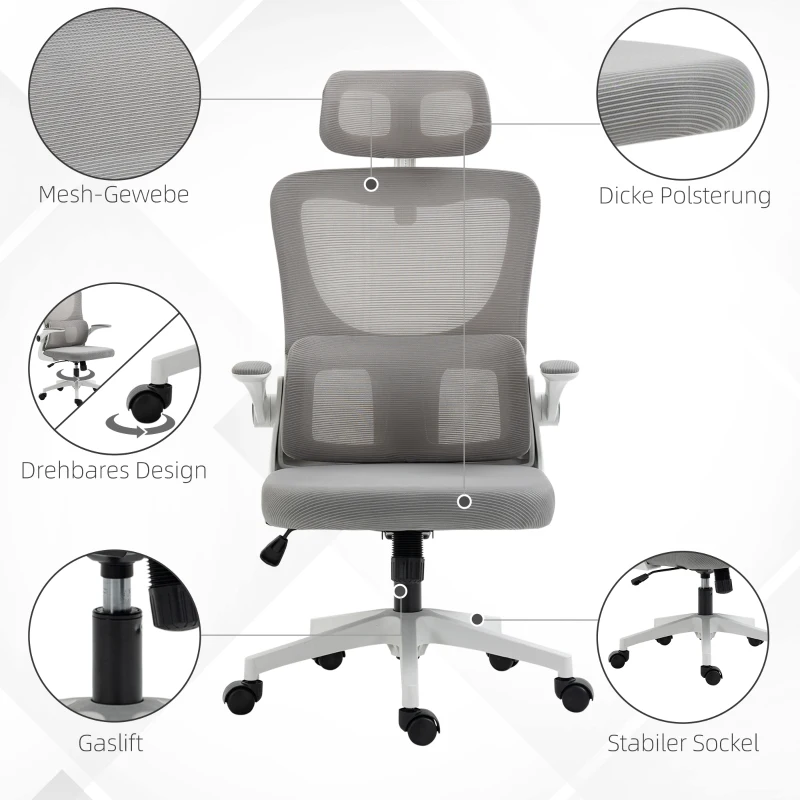 Vinsetto Bureaustoel, in hoogte verstelbaar, kantelbare rugleuning, verstelbare hoofdsteun, tot 120 kg, 60x59x114-122 cm, Grijs(m-8)