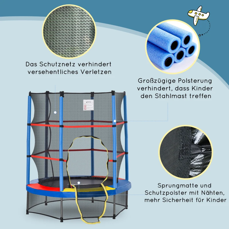 HOMCOM Trampolina dla Dzieci, Siatka Bezpieczeństwa, Gumowe Sprężyny, do 45 kg, Metalowa Rama, Ø140x160cm, Kolorowa