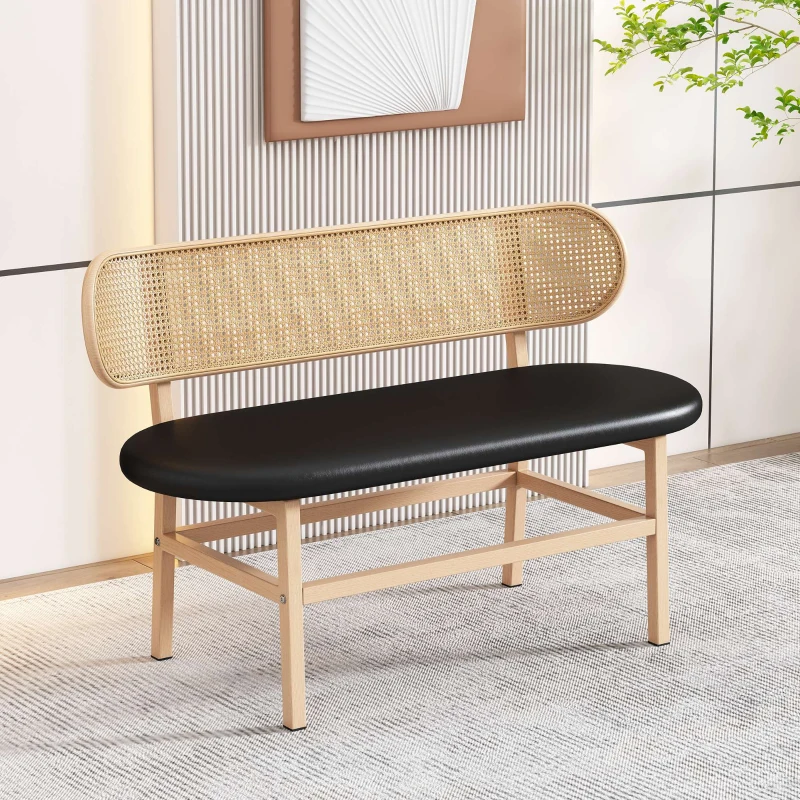 Panca da pranzo Moderna in Rattan da 2 Posti, Design Ergonomico, 143x51x22 cm, Nero+Marrone