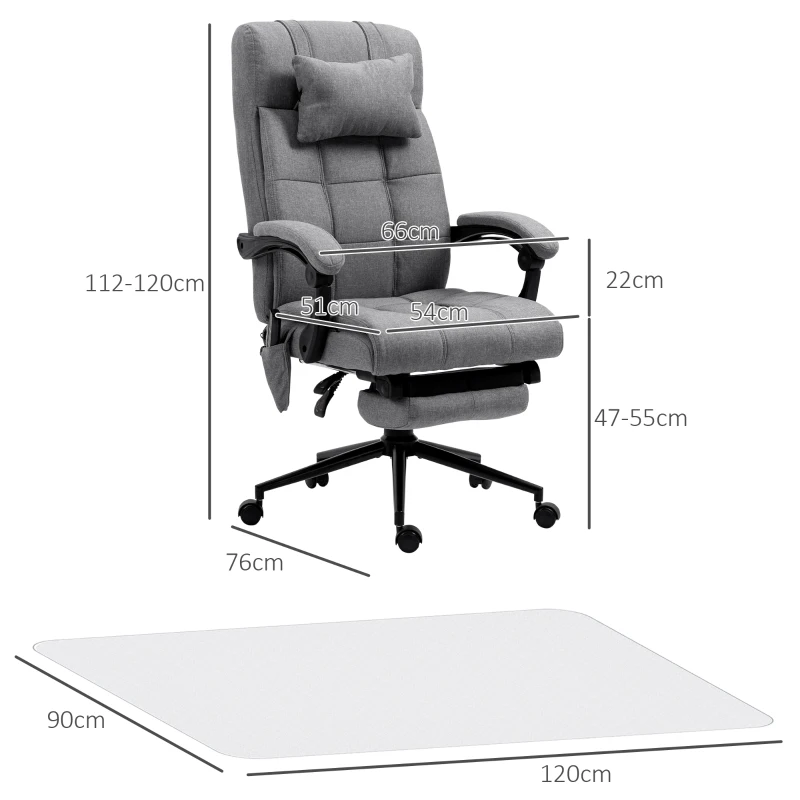 Vinsetto Conjunto de Escritório Inclui 1 Cadeira de Massagem Reclinável 66x76x112-120 cm e 1 Tapete Protetor 90x120 cm Cinza e Transparente