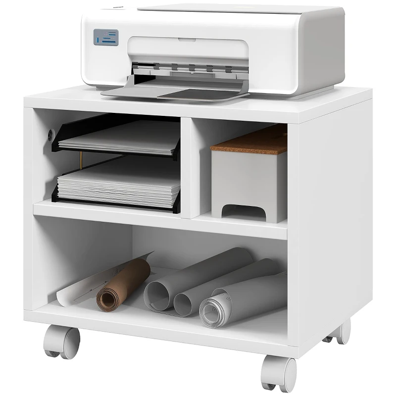 HOMCOM Mobile Porta Stampante a 2 Livelli con 3 Scomparti e Ruote per Ufficio e Studio, 40x30x36cm, Bianco