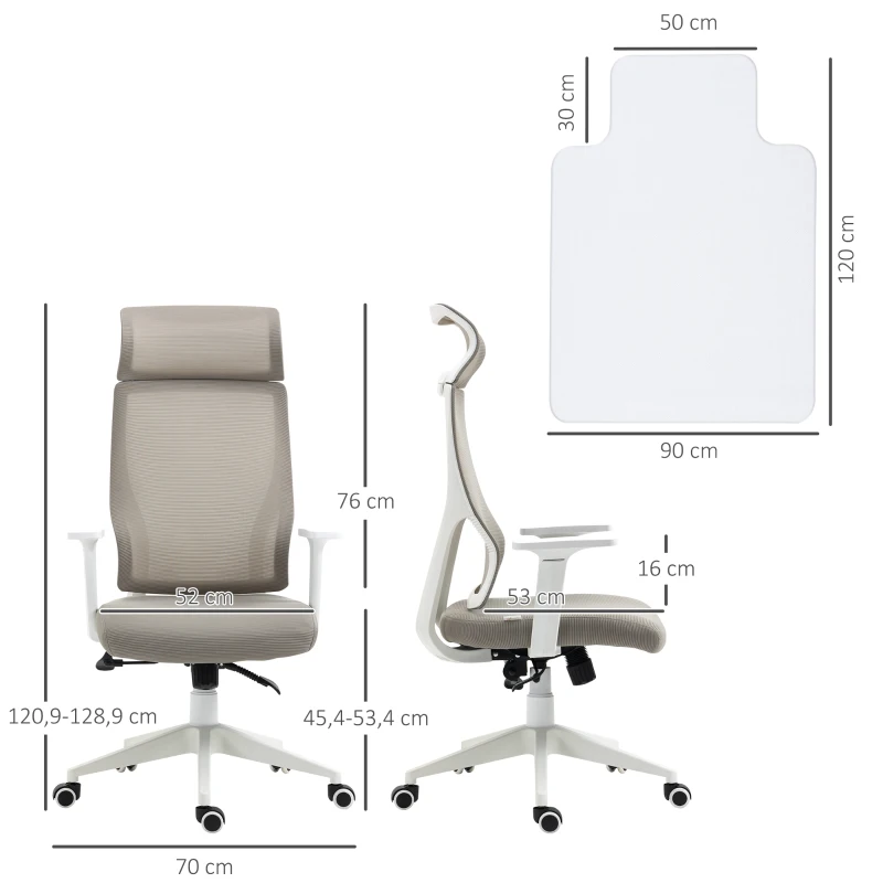 Vinsetto Conjunto de Cadeira de Escritório Reclinável com Rodas e Altura Ajustável 64x61x120,9-128,9 cm e Tapete Protetor Cinza e Transparente