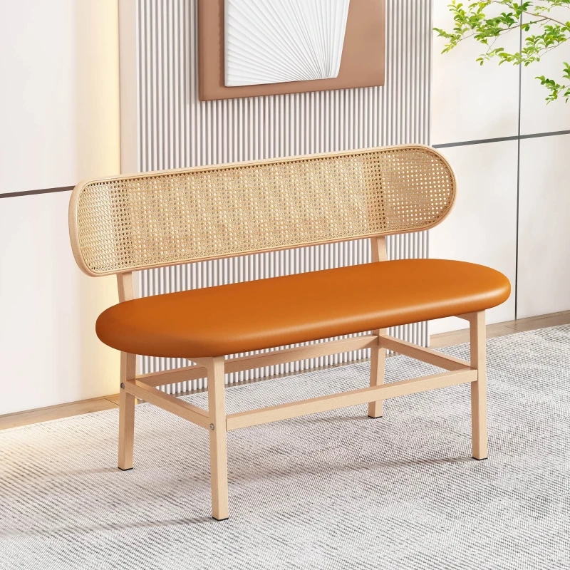 Panca da pranzo in Rattan da 2 Posti con Schienale Ovale e Seduta Imbottita, 143x51x22 cm, Marrone