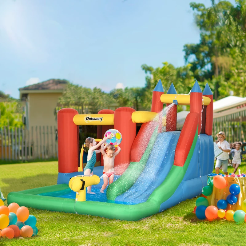 Outsunny Castelo Insuflável com Escorrega Trampolim Piscina e Pistola de Água para Crianças acima de 3 Anos com Inflador e Bolsa de Transporte para Interior Exterior 330x245x215cm Multicor