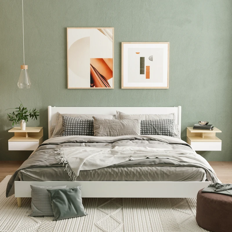 HOMCOM Set da 2 Comodini Sospesi con Cassetto e Ripiano Superiore, in Legno, 35x32x22.5 cm, Bianco e Rovere