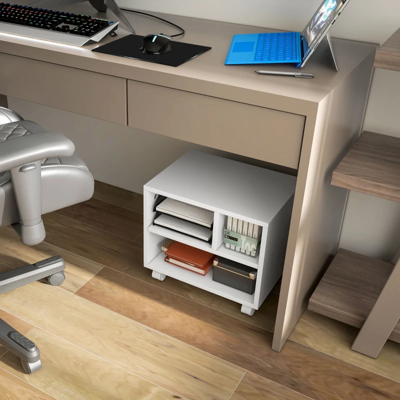 HOMCOM Three-Compartment Printer Cabinet, with Wheels - White