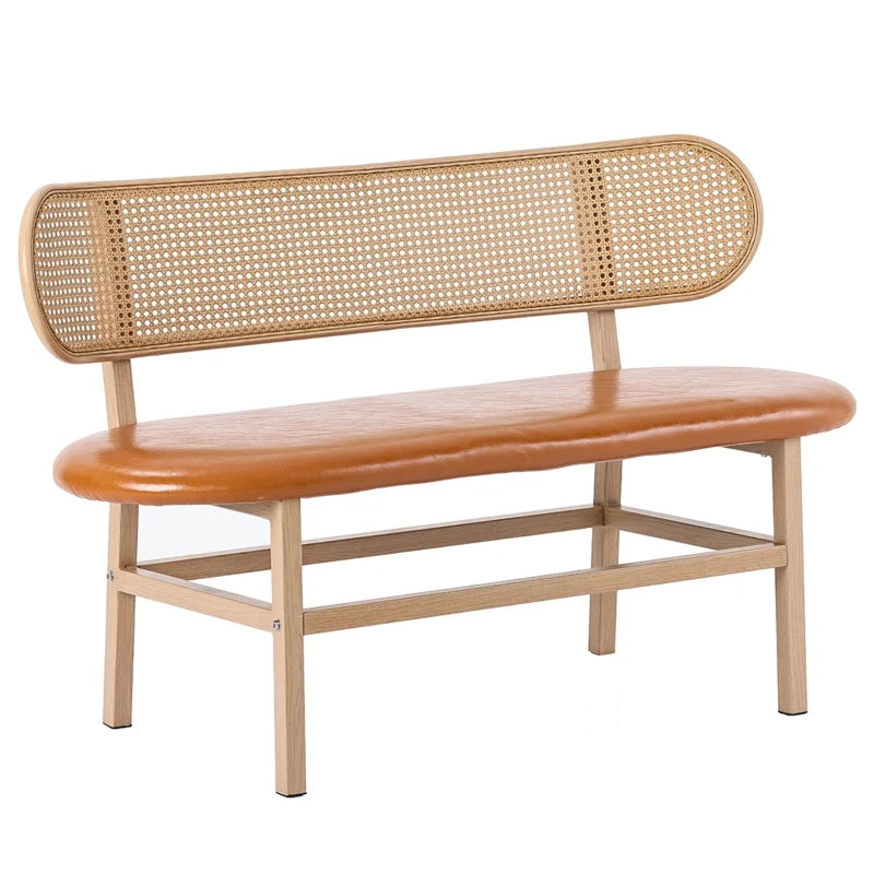 Panca da pranzo in Rattan da 2 Posti con Schienale Ovale e Seduta Imbottita, 143x51x22 cm, Marrone