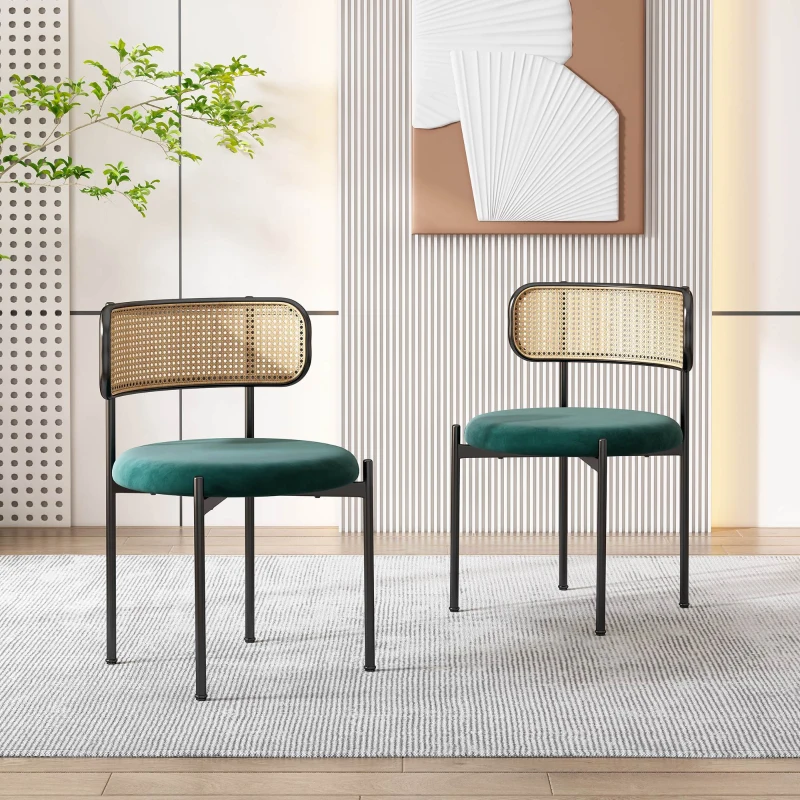 Juego de 2 Sillas de Comedor de Tela Efecto Terciopelo con Patas de Metal y Respaldo de Ratán 45x40x75 cm Verde