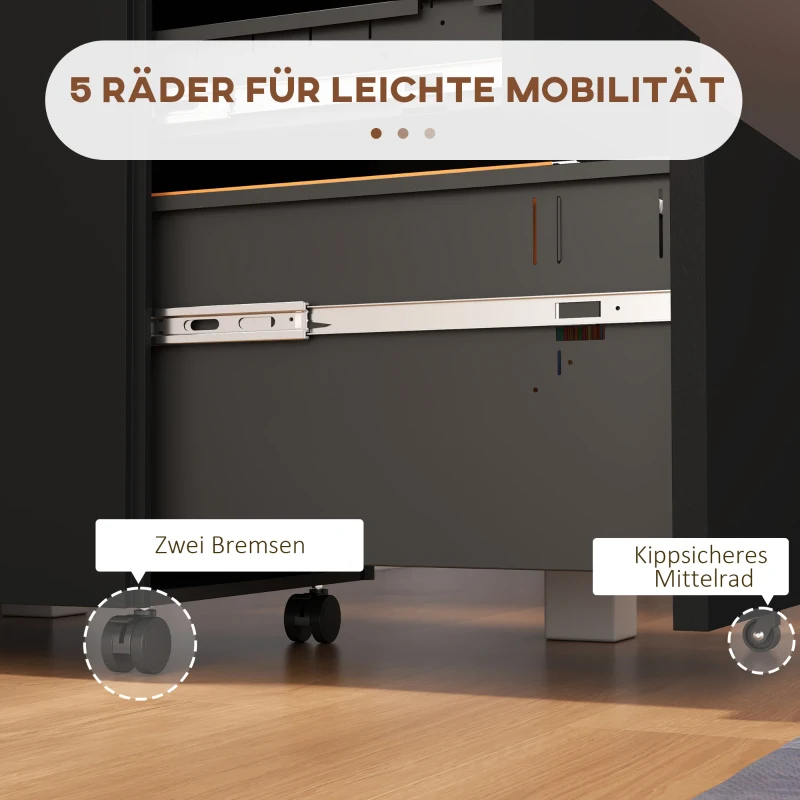 Vinsetto Rolcontainer Dossierkast, 3 Lades, Afsluitbaar, Op Wielen, 37 cm x 43,5 cm x 60 cm, Zwart