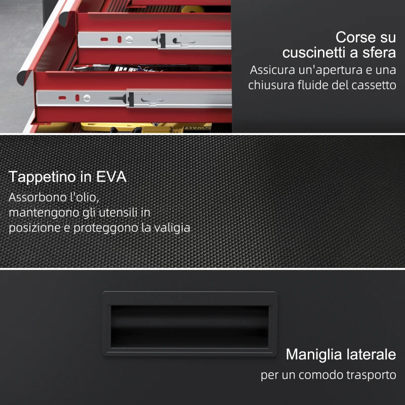 HOMCOM Carrello Porta Attrezzi 5 Cassetti, Cassetta Rimovibile e Armadietto con Chiave in Acciaio, Rosso