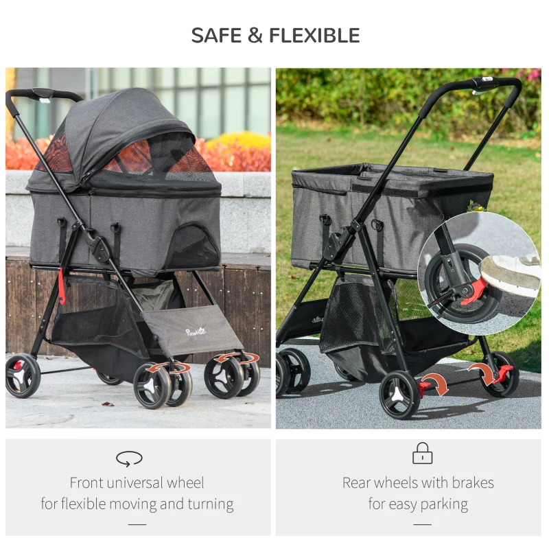 PawHut Cărucior 3 în 1 pentru Câini, Coș și Marsupiu Detașabil, Cărucior pentru Animale de Companie cu Lesă, Pernă, Coș și Baldachin, 76x51x100 cm, Gri