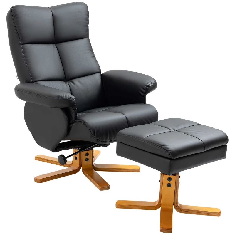 HOMCOM Faux Leather Swivel Recliner Chair with Footstool, Wooden Base and Storage for Living Room, Black