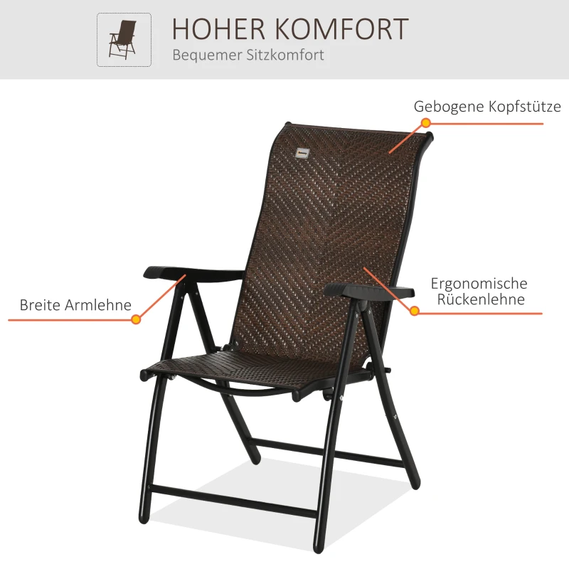 Outsunny Polyrattan Gartenstuhl Klappstuhl mit 7-Fach Verstellbarer Rückenlehne wetterfester klappbar Balkonstuhl Campingstuhl 120kg Belast Gartenstühle für Garten, Balkon 58x71x111cm Braun+Schwarz