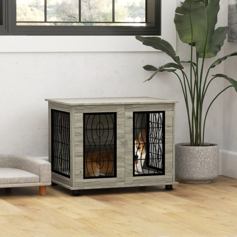 PawHut Indoor Dog Crate Furniture End Table with Soft Washable Cushion, Lockable Front Door, for Medium Dogs - Black