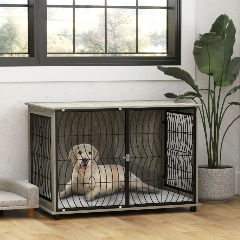 PawHut 46.46'' Dog Crate Furniture End Table w/ Plush Washable Cushion, Lockable Door, for Extra Large Dogs