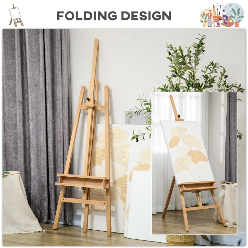 Vinsetto Sevalet pentru Pictura Pliabil din Lemn de Fag cu Inaltime si Inclinare Reglabile, 65x110x180-235 cm, Lemn natur