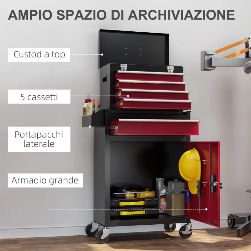 HOMCOM Carrello Porta Attrezzi 5 Cassetti, Cassetta Rimovibile e Armadietto con Chiave in Acciaio, Rosso