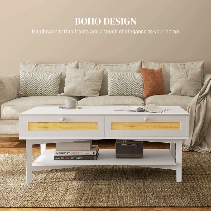 HOMCOM Măsuță de Cafea Dreptunghiulară cu 2 Sertare, Măsuță de Cafea Boho Joasă din Ratan și Lemn, 120x50x50 cm, Alb și Lemn