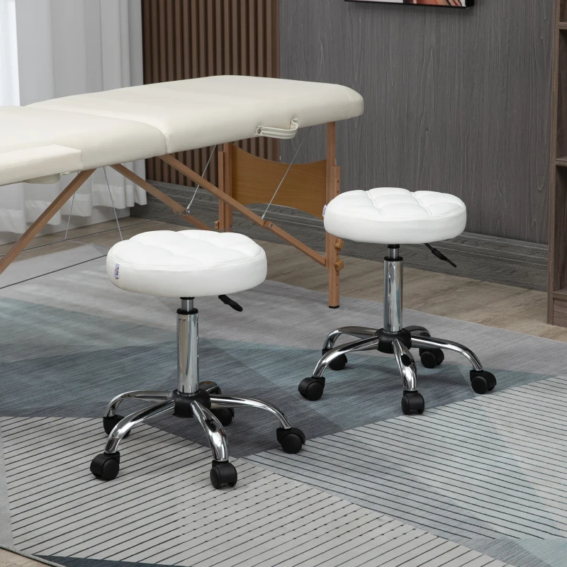 HOMCOM Draaikruk, Salonkruk, in Hoogte Verstelbaar, Kunstleer, Quilted Design, Ø35,5 x 48-63 cm, Wit/Zilver