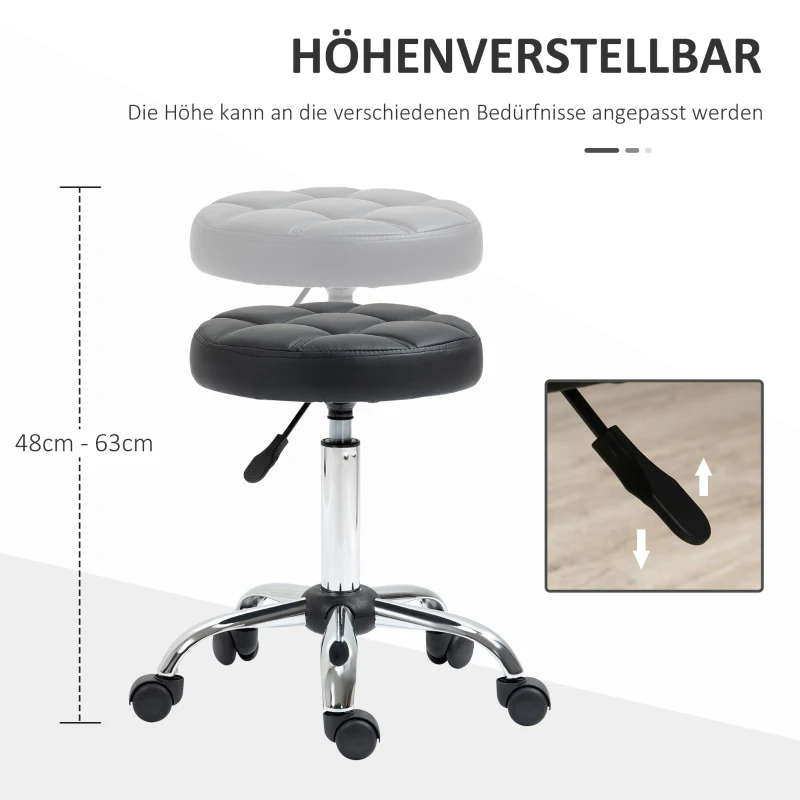 HOMCOM Draaikruk, Salonkruk, in Hoogte Verstelbaar, Kunstleer, Gestikt Ontwerp, Zwart/Zilver