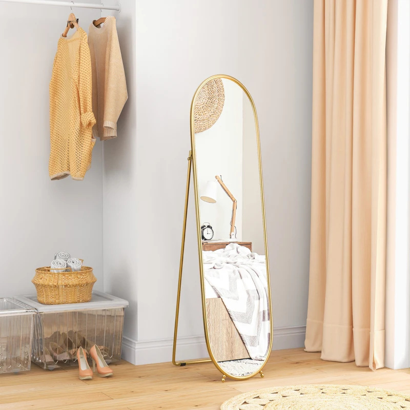 HOMCOM Staande Spiegel, Ovale Vorm, Vrijstaand/Wandmontage, Metalen Frame, 40x160cm, Kleur: Goud(m-8)