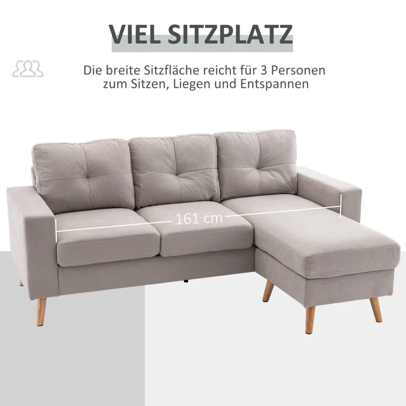 HOMCOM 3-zits hoekbank, linnenlook, omkeerbare chaise longue, 193x136x85 cm, lichtgrijs(m-5)