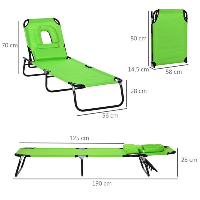 Outsunny Espreguiçadeira Dobrável com Encosto Ajustável em 4 Posições Espreguiçadeira de Jardim com Almofada Estrutura de Aço Tecido Oxford para Acampamento Praia Terraço 190x56x28cm Verde