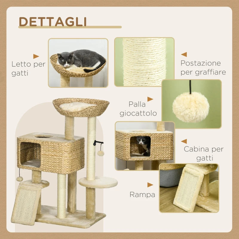 PawHut Albero Tiragraffi per Gatti con Casetta, Trespolo e Pallina, in Legno e Poliestere, 60x40x95 cm, Marrone e Beige