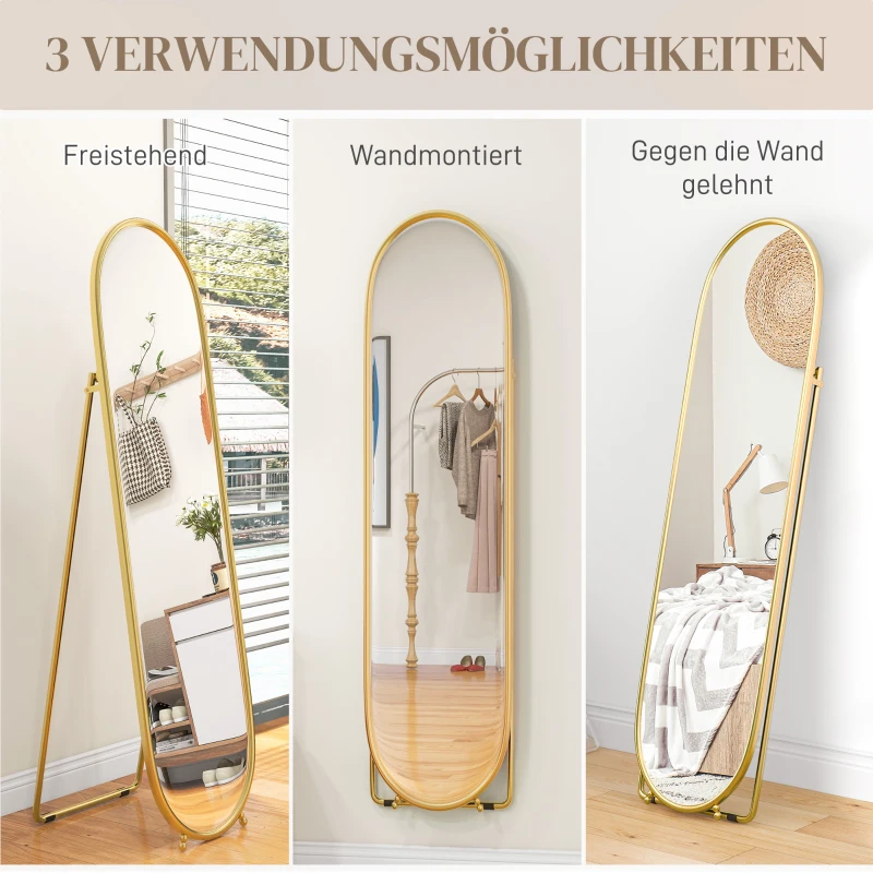 HOMCOM Staande Spiegel, Ovale Vorm, Vrijstaand/Wandmontage, Metalen Frame, 40x160cm, Kleur: Goud(m-7)