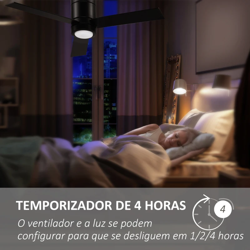 HOMCOM Ventoinha de Teto 48W com Luz LED Controle Remoto 3 Velocidades Temporizador 3 Lâminas de Madeira para Dormitório Sala de Estar Sala de Jantar Ø112x25cm Preto
