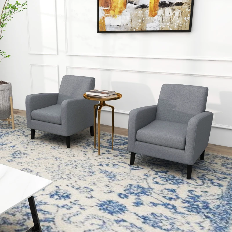 HOMCOM 2 Pieces Modern Armchairs with Rubber Wood Legs, Upholstered Accent Chairs, Single Sofa for Living Room, Bedroom, Grey