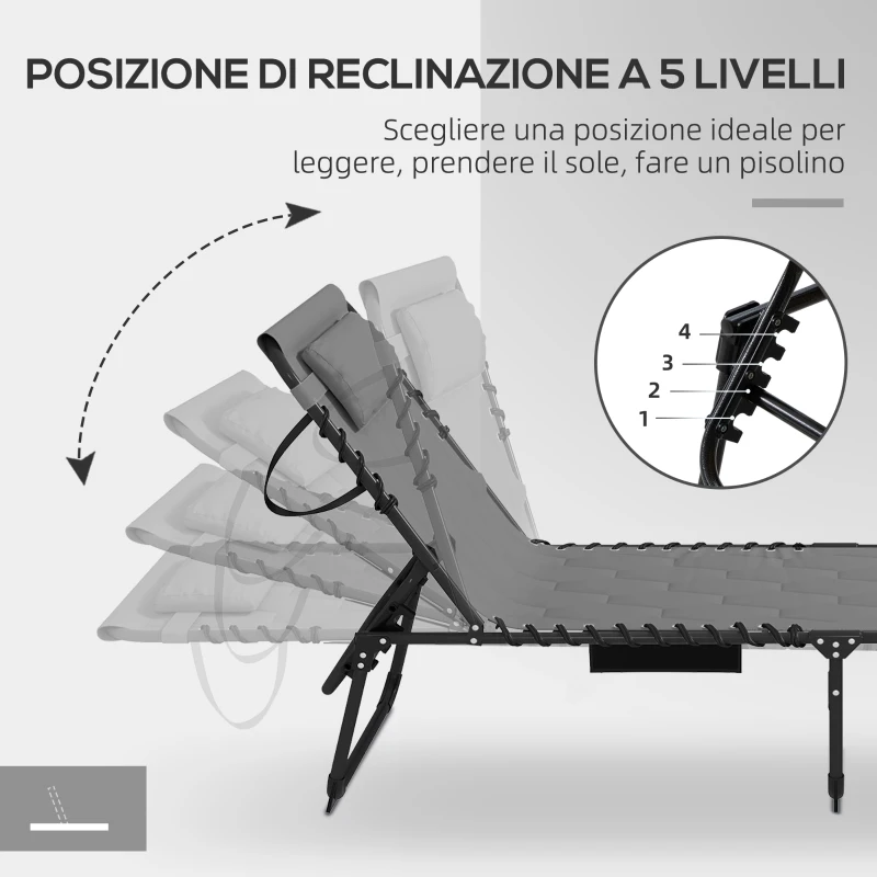 Outsunny Set 2 Lettini Prendisole con Schienale Reclinabile e Tasca, in Acciaio e Poliestere, 65x188x36 cm, Grigio e Nero
