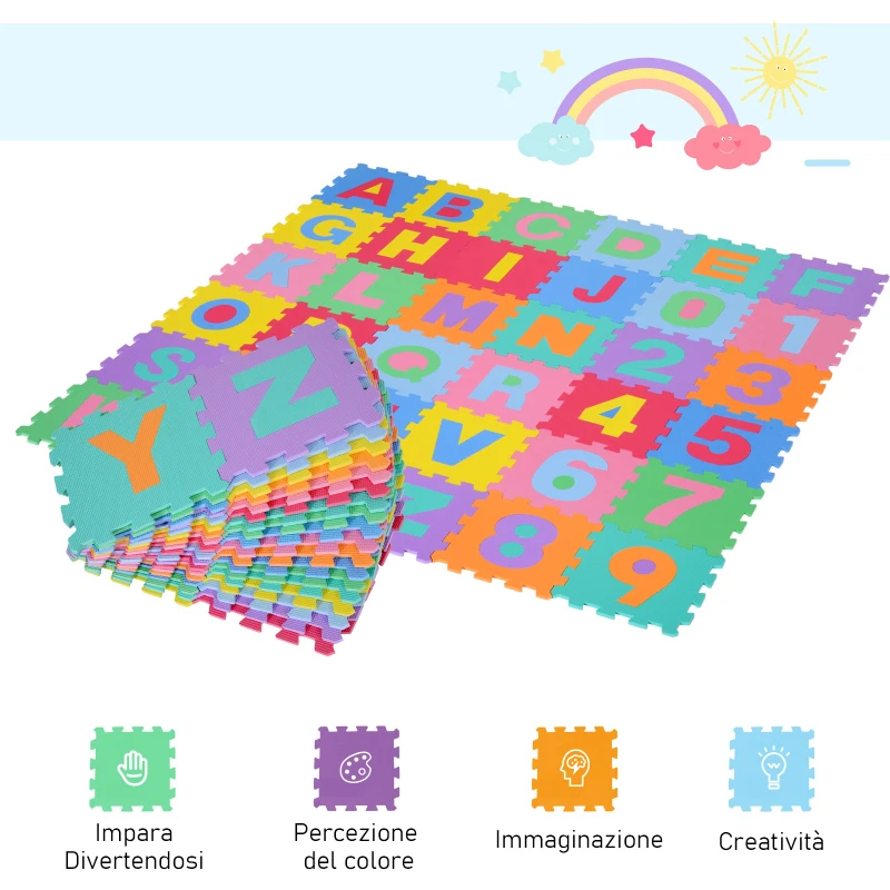 HOMCOM Tappeto Puzzle per Bambini 36 Pezzi, Numeri da 0 a 9 e 26 Lettere, Morbido e Antiscivolo