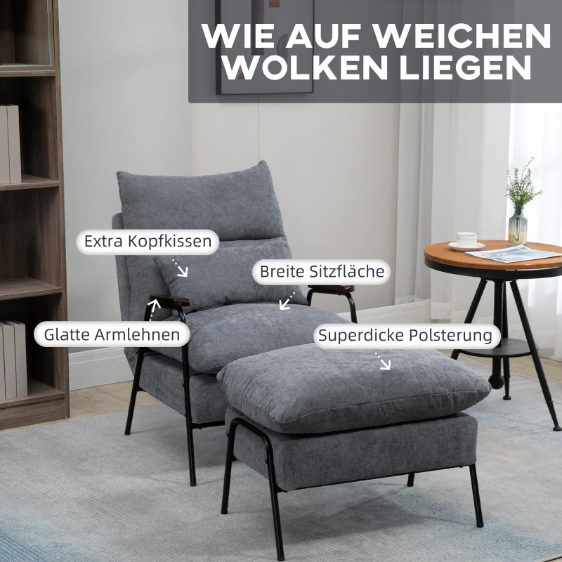 HOMCOM Relaxfauteuil met Ottoman Polsterstoel, Inclusief Kussen, 68 cm x 91,5 cm x 88 cm, Lichtgrijs