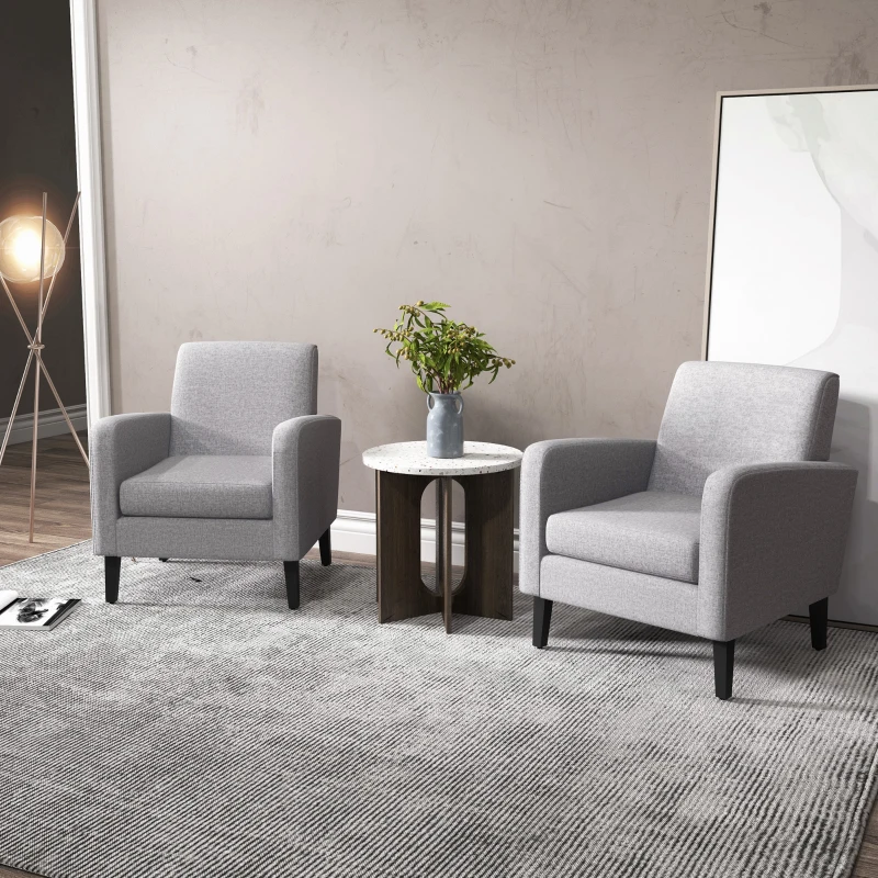 HOMCOM 2 Pieces Modern Armchairs with Rubber Wood Legs, Upholstered Accent Chairs, Single Sofa for Living Room, Bedroom, Light Grey