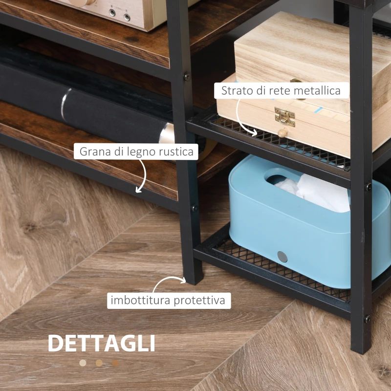 HOMCOM Mobile TV Moderno per TV fino a 60" con 6 Ripiani Aperti, in Acciaio e Truciolato, 140x40x50 cm, Marrone e Nero