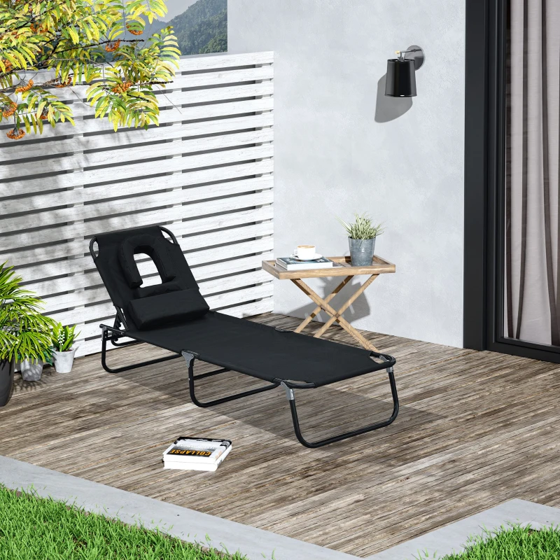 HOMCOM Transat de Jardin Chaise Longue Pliante Bain de Soleil pour Lecture Noir